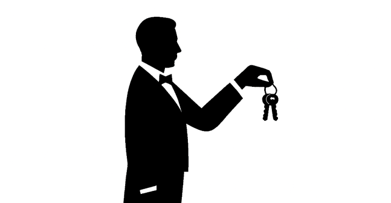 Silhouette d'un butler en smoking tenant des clés.