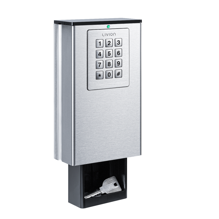 Boîtier de distribution avec clavier numérique et clé en bas.