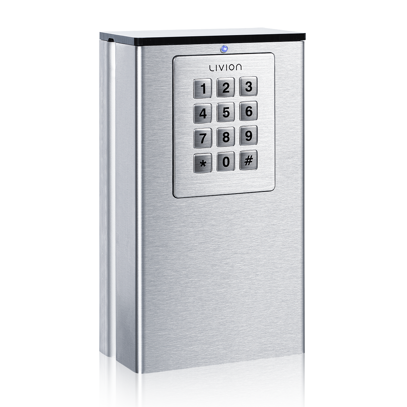Boîtier à clés connecté argenté avec clavier numérique.