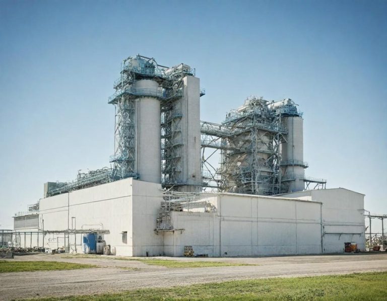 Usine industrielle avec silos et structures en métal sous un ciel dégagé.