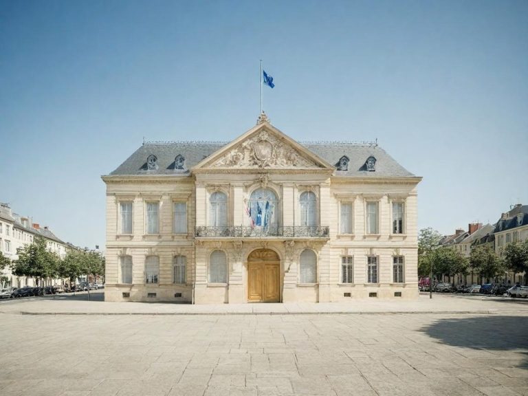 Bâtiment en pierre claire avec drapeau européen, au ciel bleu.