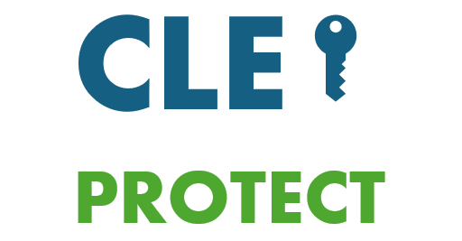 Texte "CLE PROTECT" avec une clé stylisée, en bleu et vert.