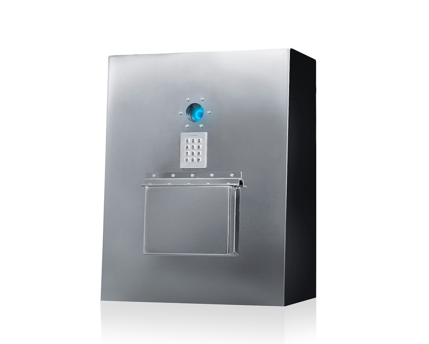 Distributeur de clés en acier inoxydable avec un bouton et un réceptacle en bas.