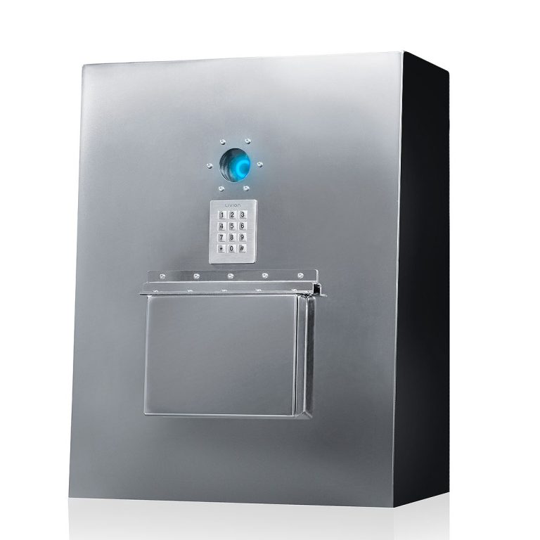 Distributeur de clé en acier inoxydable avec un clavier numérique et une porte.